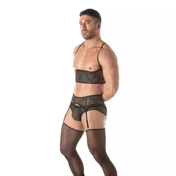 Men Wearing a Circuit Fishnet Bustier Black From Side