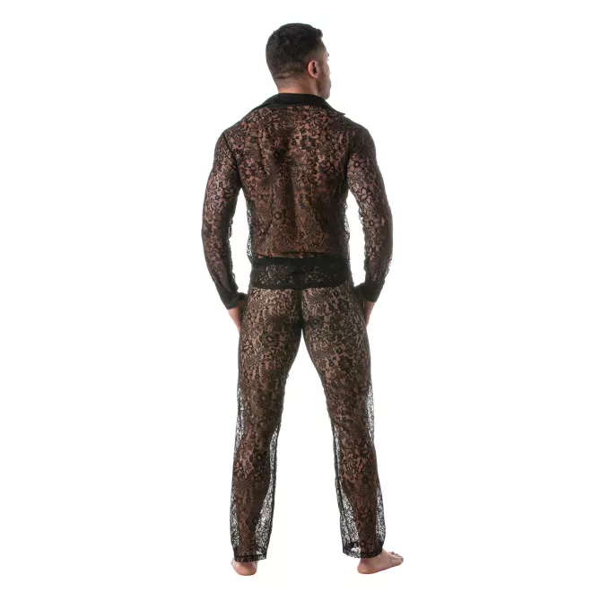 Men wearing a Lace Long Sleeves Shirt by TOF Paris from Back with a Lace Kimono Pants