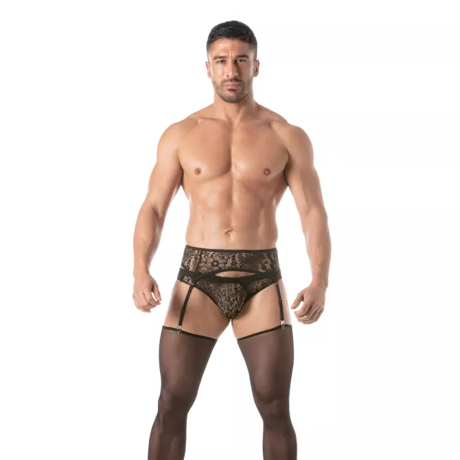 Men wearing a Lace Garter belt Set Black For Men From TOF Paris