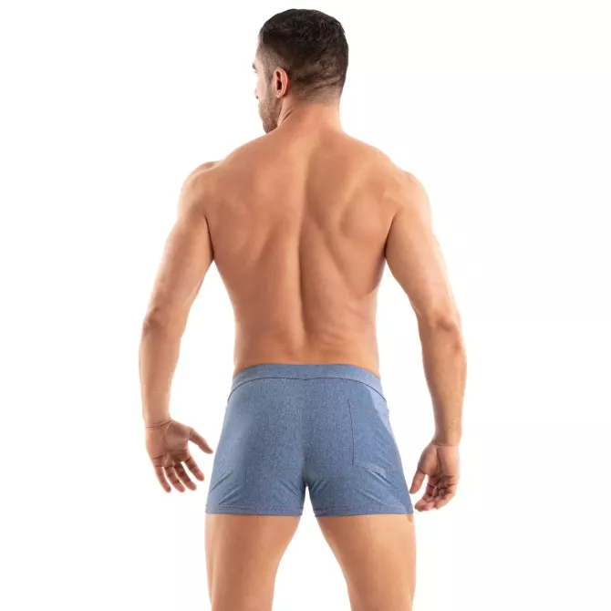 A Denim Zipped Swim Short From Back