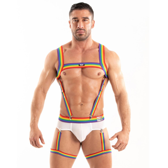 Men Wearing A Pair Of Pride Suspenders With A White Brief