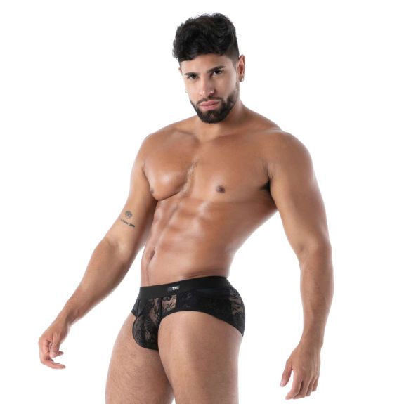 Slip à poche en dentelle noir de profil