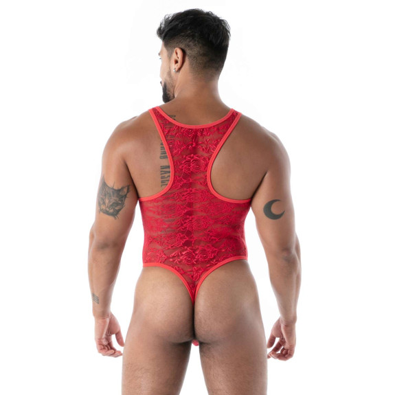 The new fluid lace open bodythong red from back