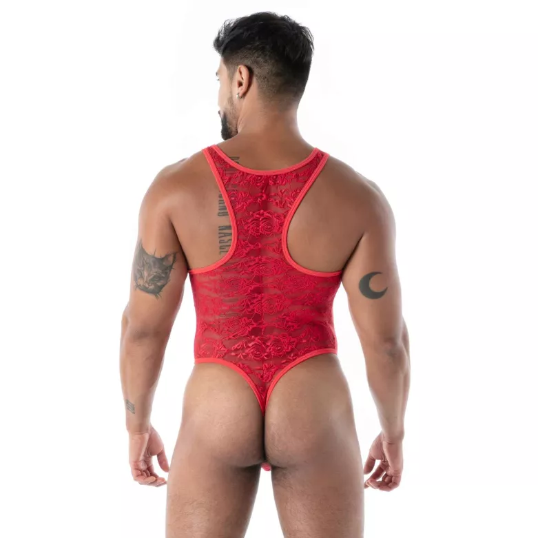 The new fluid lace open bodythong red from back