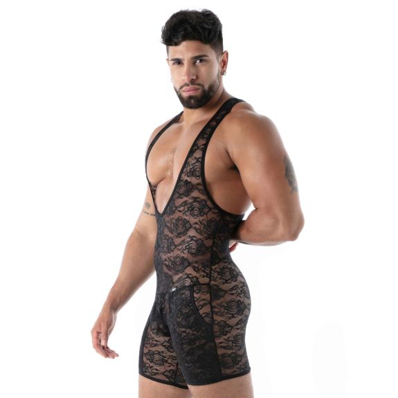 body de lutte ouvert avec poche en dentelle noir de profil