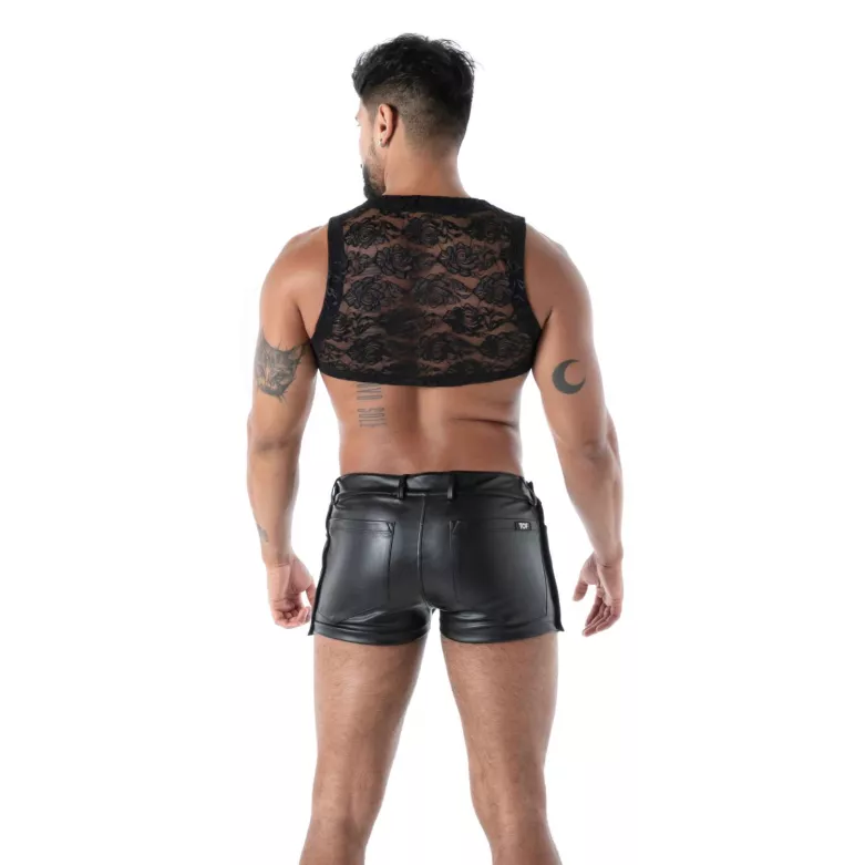 Le Crop top Zippé en Dentelle Fluide Noire Pour Hommes