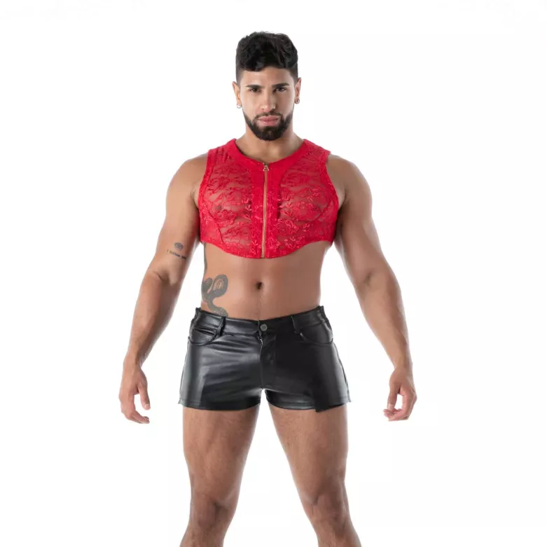 Crop Top Zippé en Dentelle Fluide Rouge