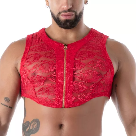 Crop Top Zippé en Dentelle Fluide Rouge