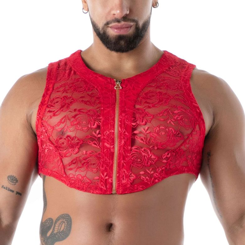 Crop Top Zippé en Dentelle Fluide Rouge