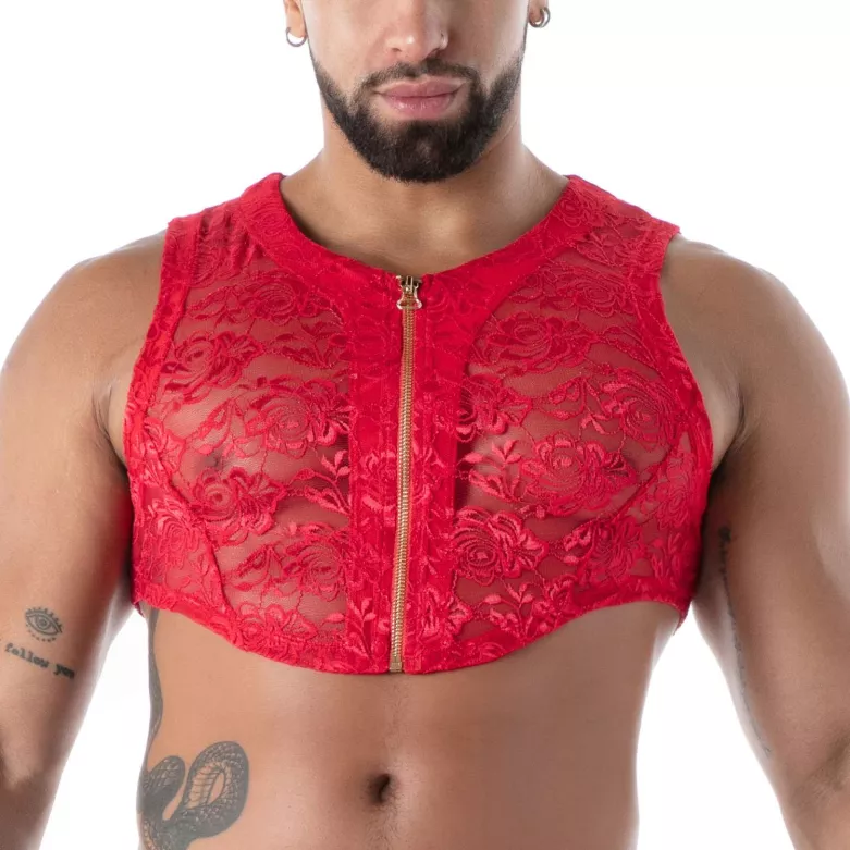 Crop Top Zippé en Dentelle Fluide Rouge