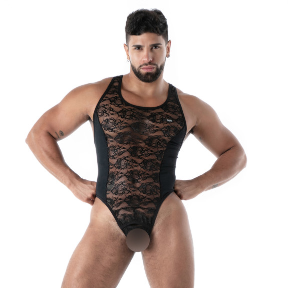 The new Fluid lace open bodythong black
