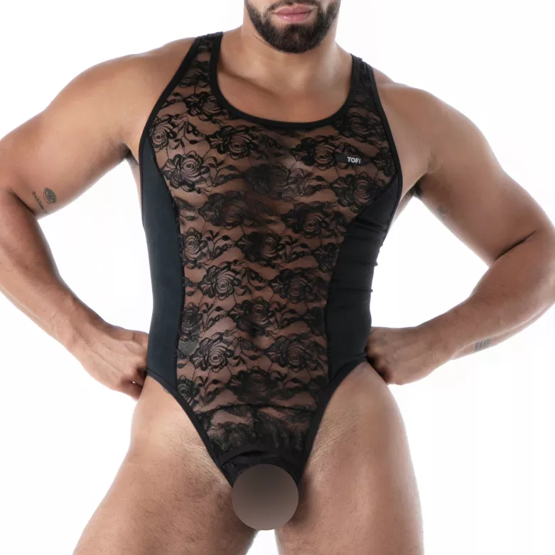 The Fluid lace open bodythong black by TOF Paris