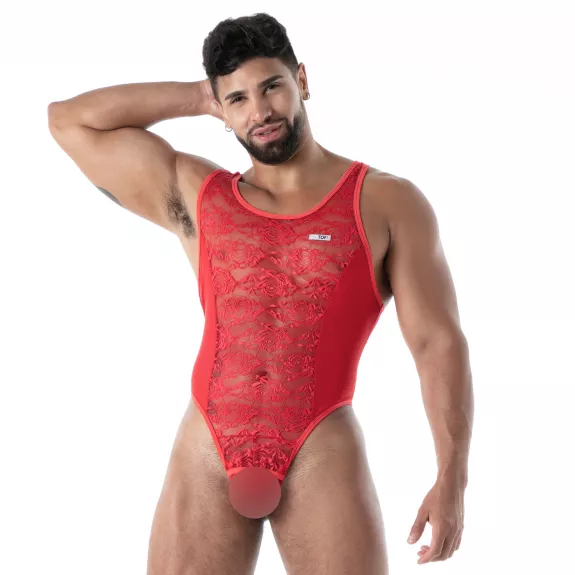 body string en dentelle rouge pour homme