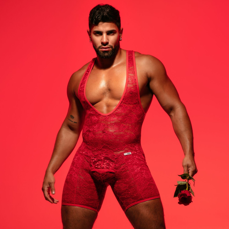 Body De Lutte Ouvert Homme Avec Poche Dentelle Rouge – TOF Paris