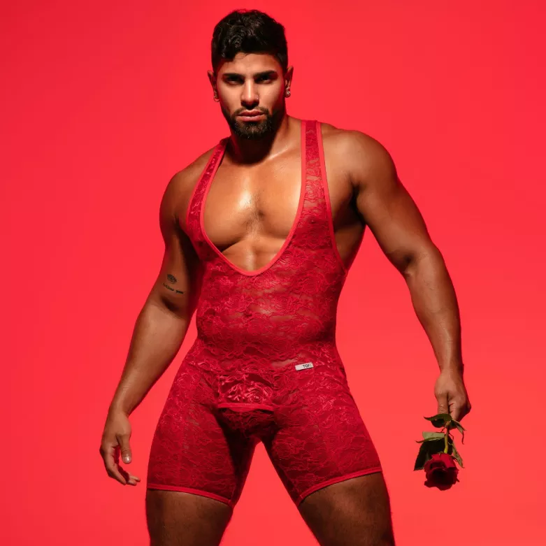 Body De Lutte Ouvert Homme Avec Poche Dentelle Rouge – TOF Paris
