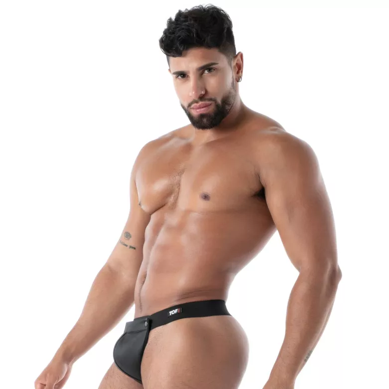 Black Neoprene Snap Thong – Sexy Men's Lingerie | TOF Paris