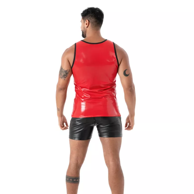 Homme avec un Débardeur Latex Seconde Peau Rouge