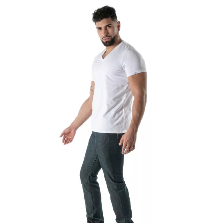 T-Shirt Coloré à Col V Blanc - T-shirts homme casual haut de gamme | TOF Paris