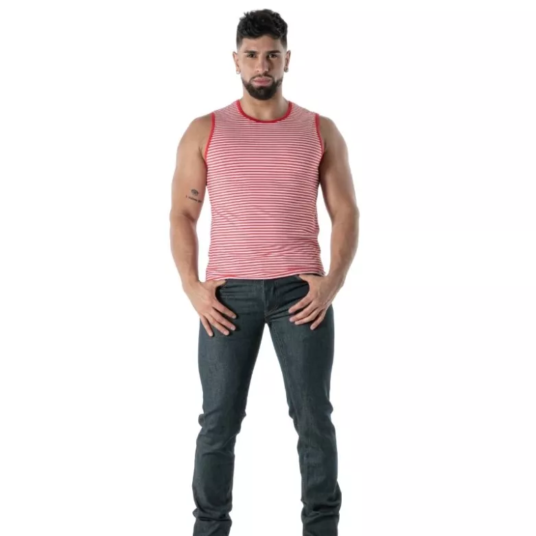 Débardeur À Rayures Rouge - Men's Casual Tank Top | TOF Paris