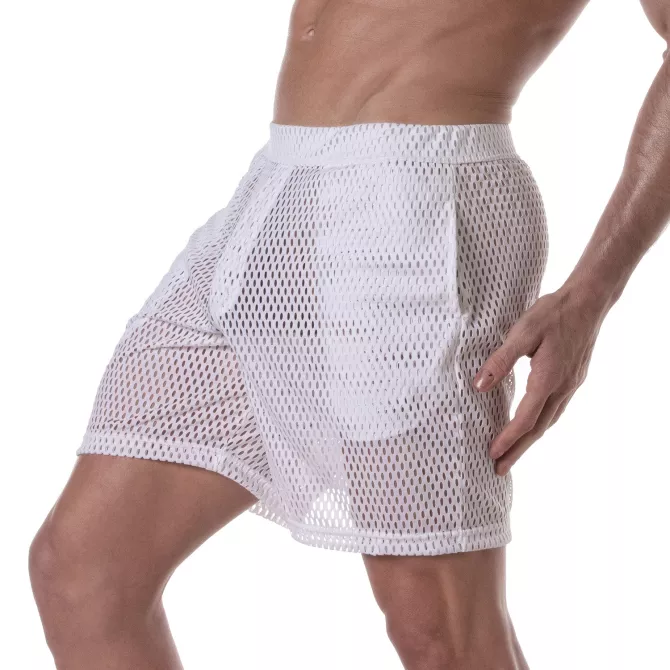 See Through Mens Long Shorts White from sideway