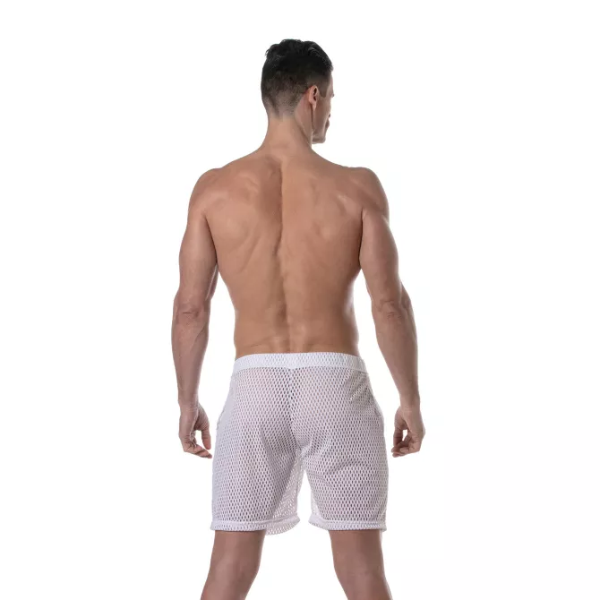 See Through Mens Long Shorts White from the back