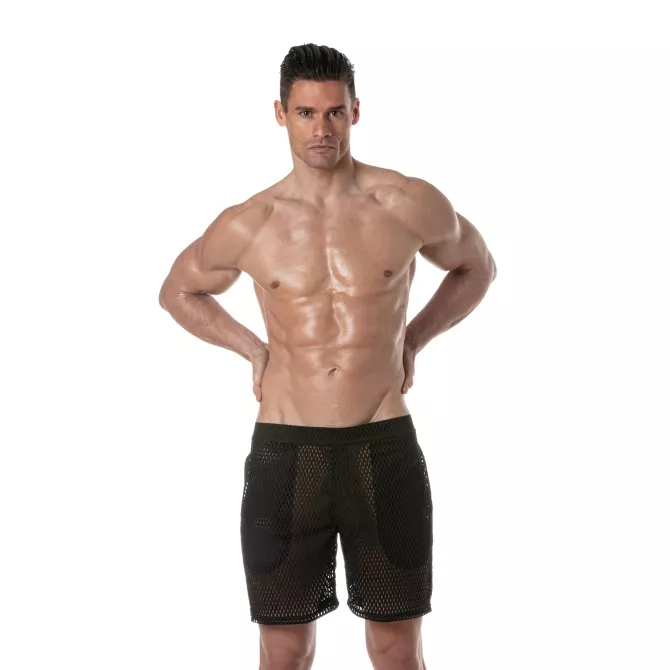 See Through Mens Long Shorts Black from face
