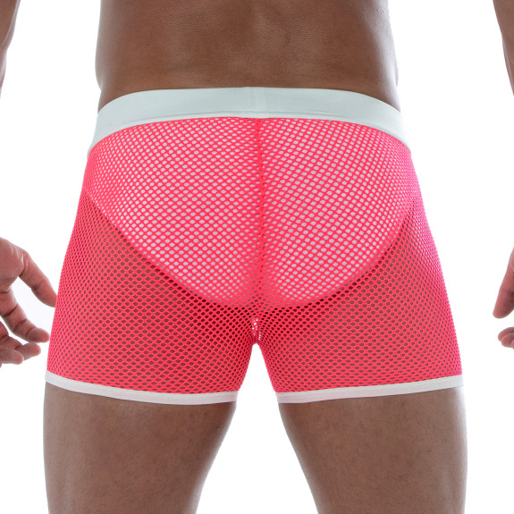 Neon Mesh Shorts Pink from the back with a white thong