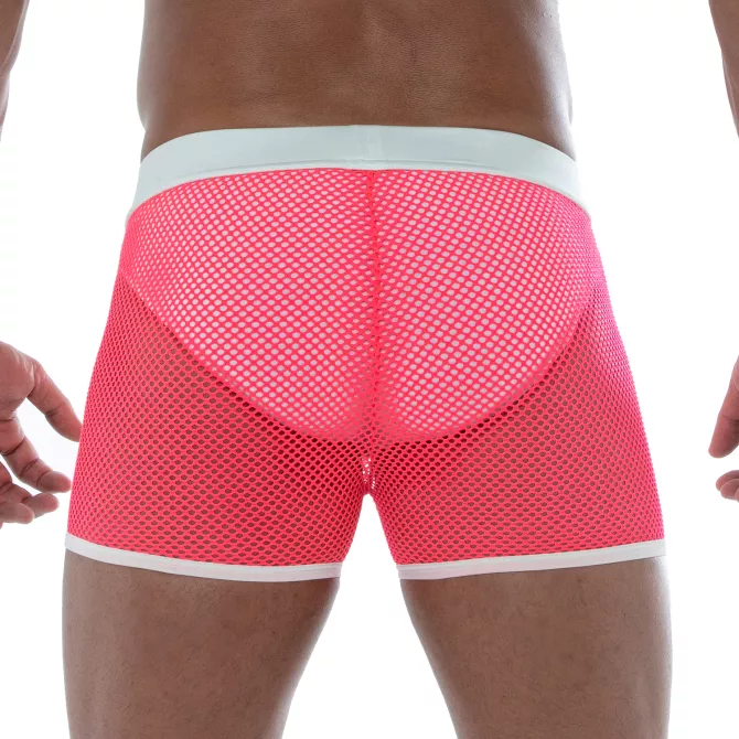 Neon Mesh Shorts Pink from the back with a white thong
