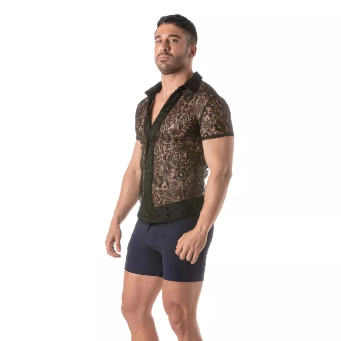 Men Wearing a Lace Short Sleeves Shirt Sideway